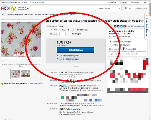 Screenshot: Stoff-Kauf bei Ebay