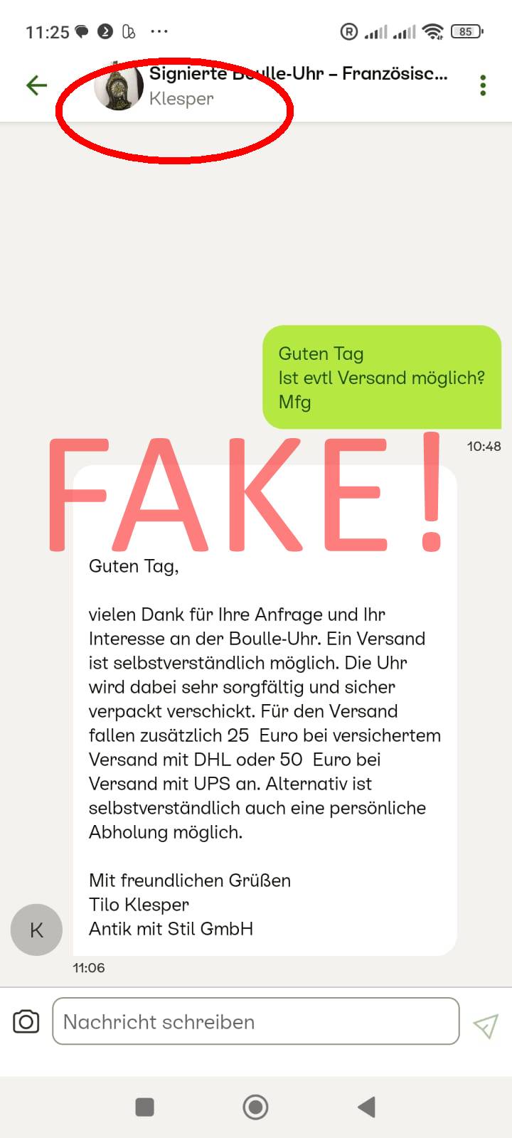 Screenshot Betrugsversuch in unserem Namen